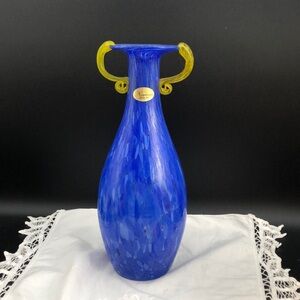 Nouveau Handcrafted Blown Glass Handled Vase 11" Blue/Clear Yellow Handles